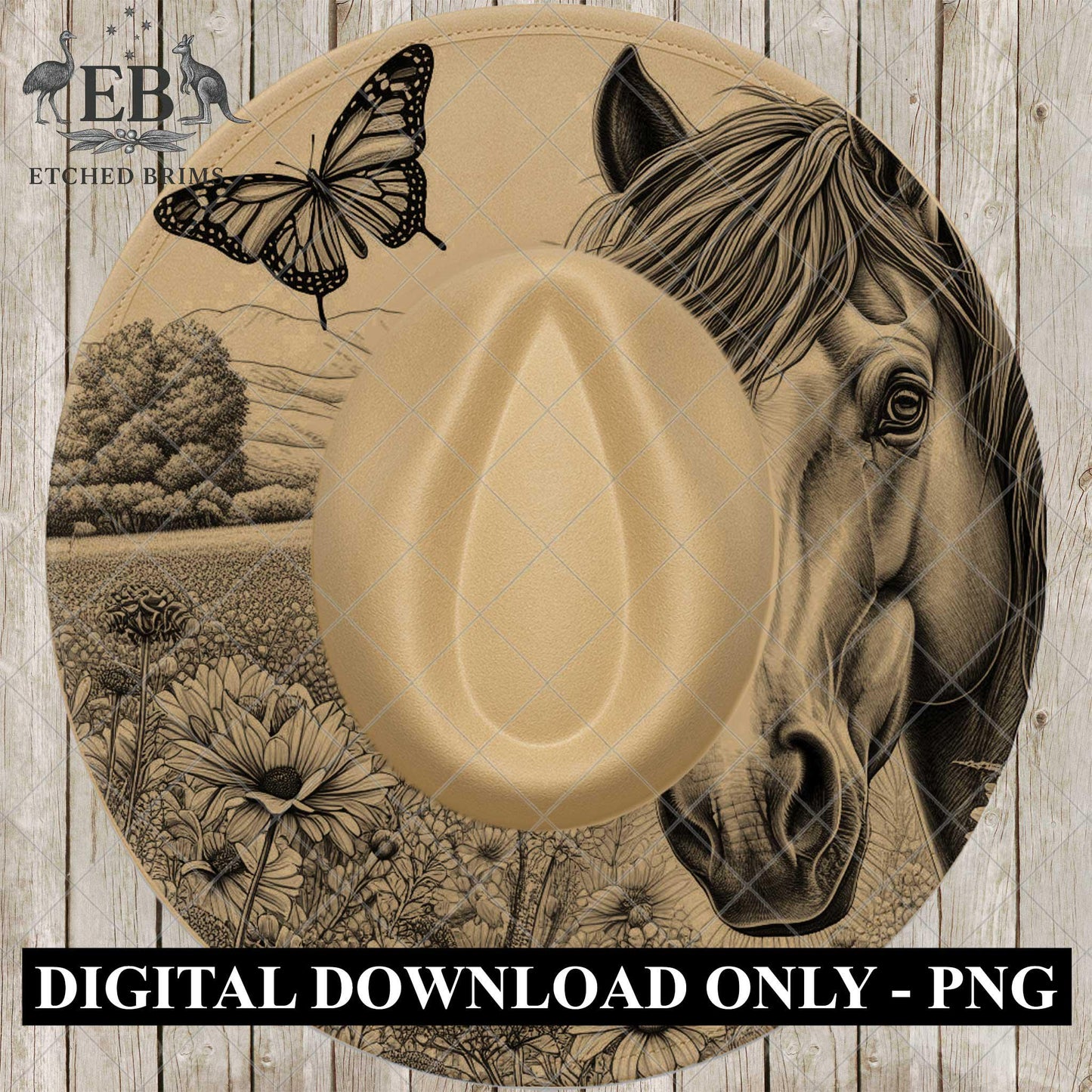 Horse Butterfly and Wildflowrs Hat Burning Design, Country Laser Engraving Template for Wide Brim Fedora, EB976