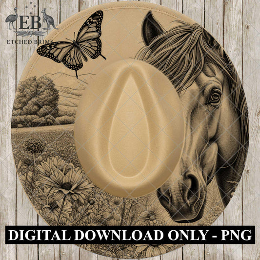 Horse Butterfly and Wildflowrs Hat Burning Design, Country Laser Engraving Template for Wide Brim Fedora, EB976