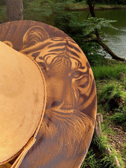 Whispers of the Wild – Laser Engraved Tiger Brim Hat,  Wide Brim Hat, Vegan Suede Fedora Hat, Laser Engraved, Cowboy Hat, Burned Fedora