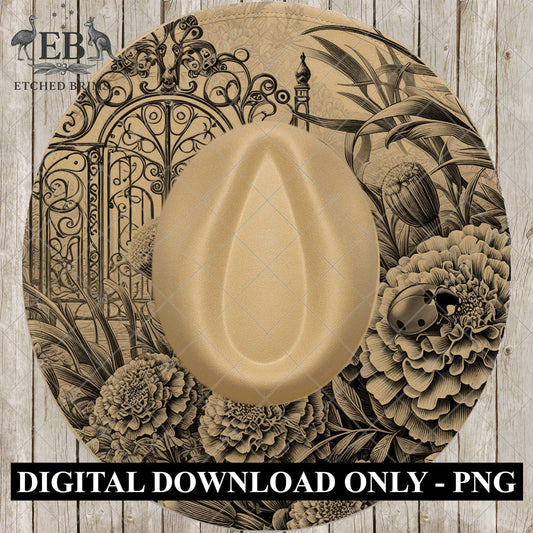 Ladybird Flowers Garden Gate Hat Burning Design, Cowboy Hat, Laser Template, Digital Download, EB1008
