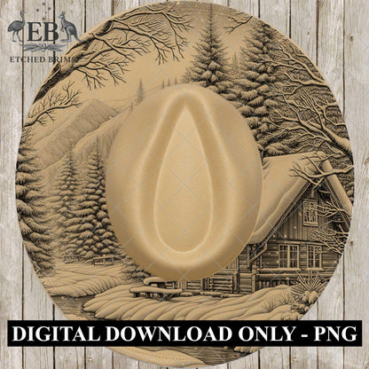 Christmas Snowy Winter Cottage, Hat Burning Design, Festive Digital Download, Hat Burning Template, Wide Brim Hat Design, Hat Stencil, EB678