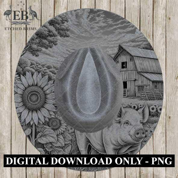 Farm Pig & Sunflowers 4, Hat Burning Template, Hat Burning Stencil, Hat Laser Engraving Design, Wide Brim Hat, Printable Hat Template, EB566
