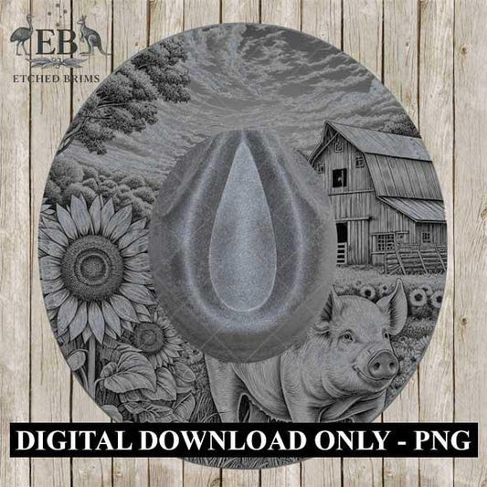 Farm Pig & Sunflowers 4, Hat Burning Template, Hat Burning Stencil, Hat Laser Engraving Design, Wide Brim Hat, Printable Hat Template, EB566