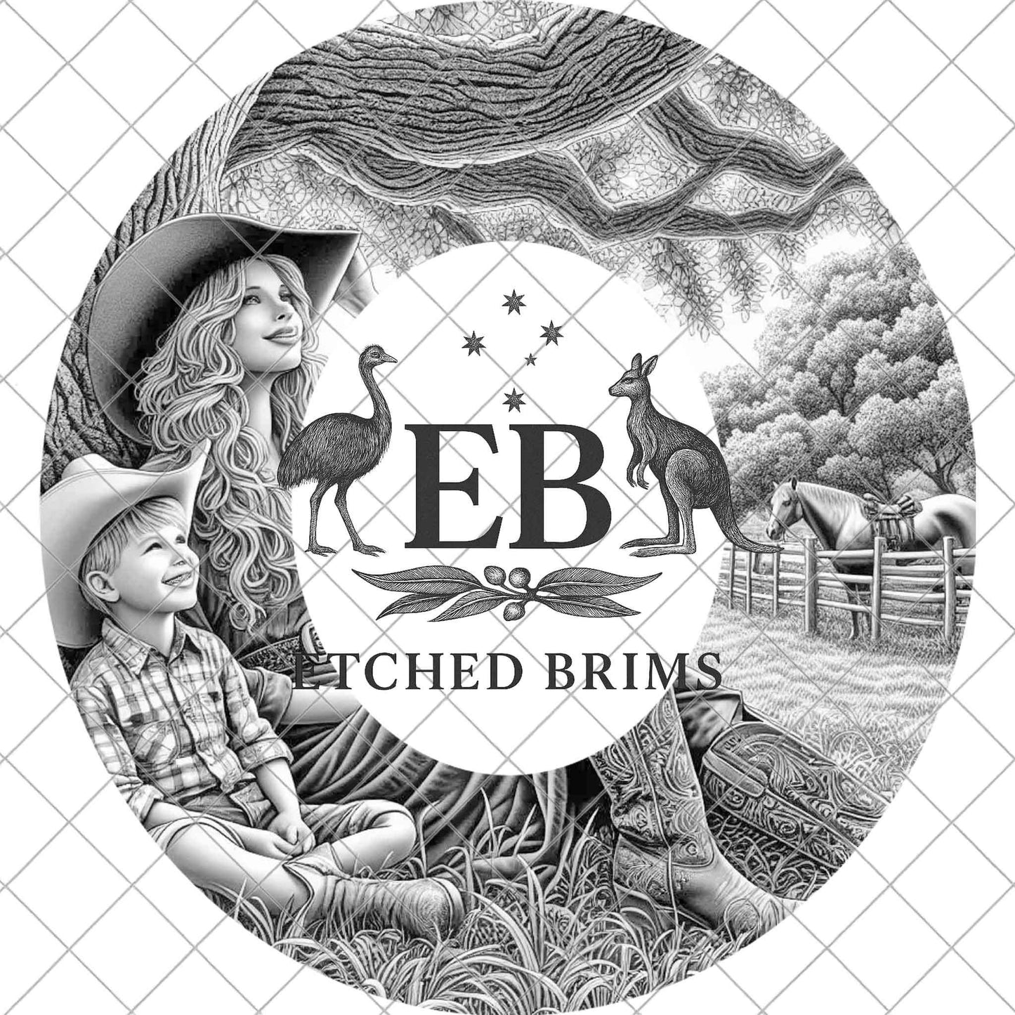 Cowgirl and Son 1, Western Hat Burning Design, Laser Engraving Template for Fedora Brim EB933