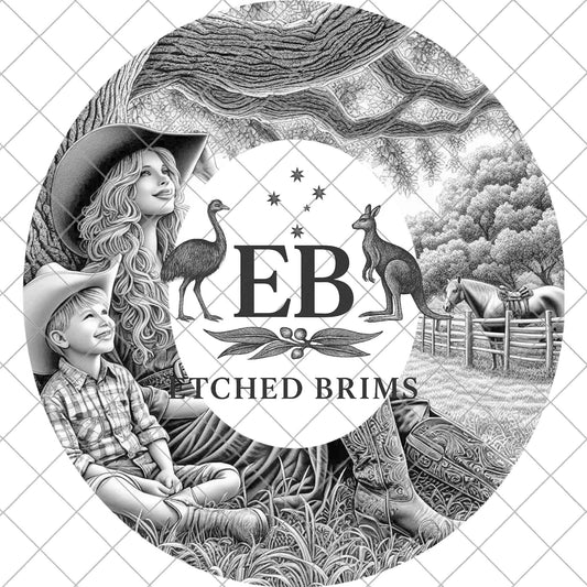 Cowgirl and Son 1, Western Hat Burning Design, Laser Engraving Template for Fedora Brim EB933