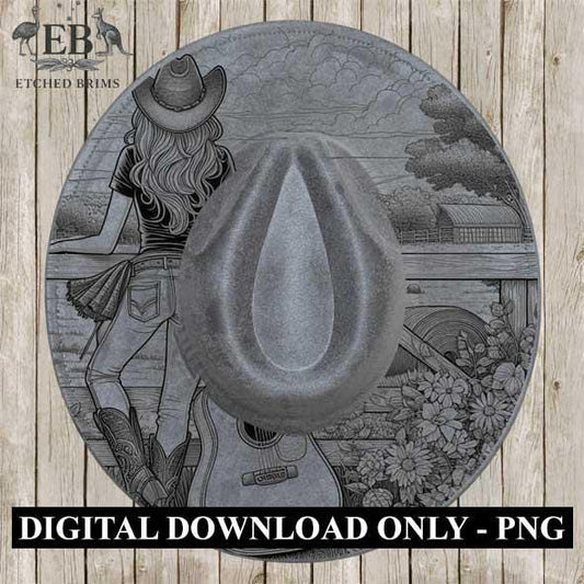 Cowgirl Guitar 8, Laser Hat Burning Design, Digital Download PNG, Hat Burning Template, Hat Laser Engraving Design Wide Brim Hat File EB116