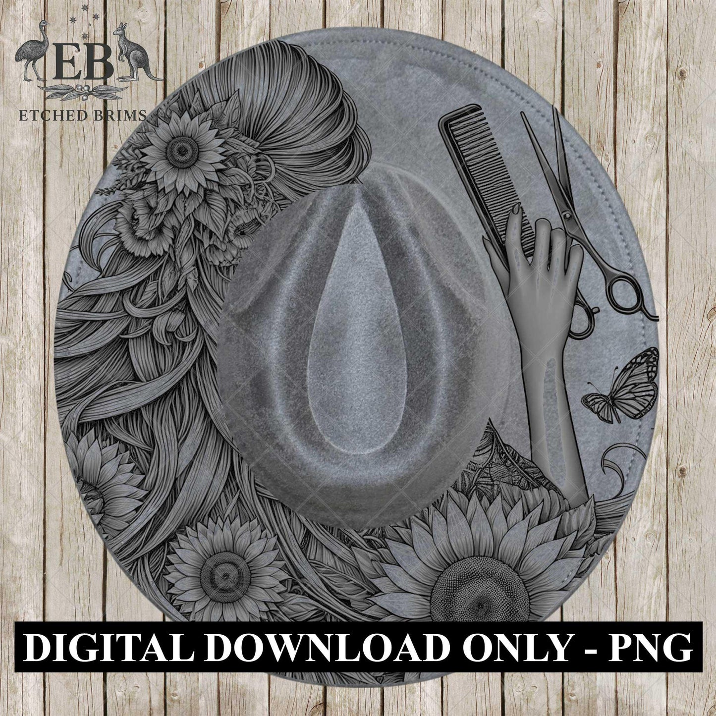 Hairdresser Sunflowers 5 Hat Burning Template for Wide Brim Hats. PNG for Laser Engraving and PDF Burning Stencil for Hand Burning, EB603