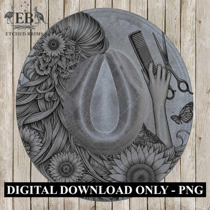 Hairdresser Sunflowers 5 Hat Burning Template for Wide Brim Hats. PNG for Laser Engraving and PDF Burning Stencil for Hand Burning, EB603