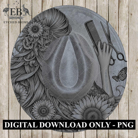 Hairdresser Sunflowers 5 Hat Burning Template for Wide Brim Hats. PNG for Laser Engraving and PDF Burning Stencil for Hand Burning, EB603