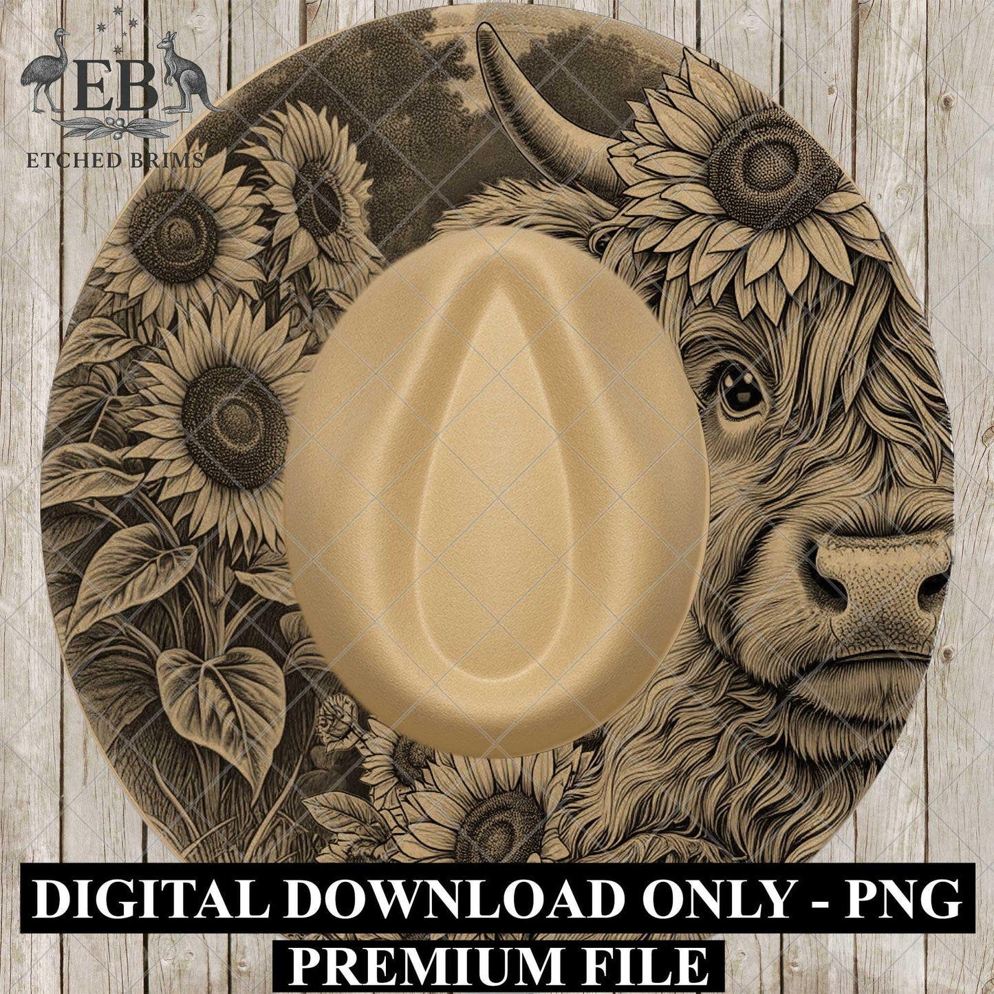 Highland Cow and Sunflowers 7, Hat Burning Design, Digital Download PDF & PDF for Hand Burning, Wide Brim Hat, Printable Hat Template, EB884