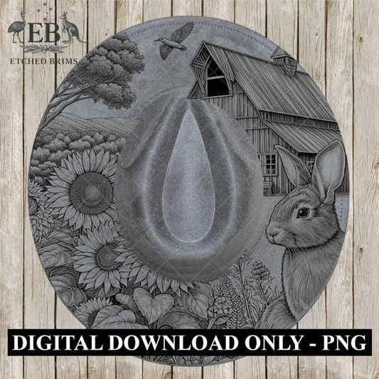 Rabbit & Sunflowers 1, Hat Burning Template, Hat Burning Stencil, Hat Laser Engraving Design, Wide Brim Hat, Printable Hat Template, EB572