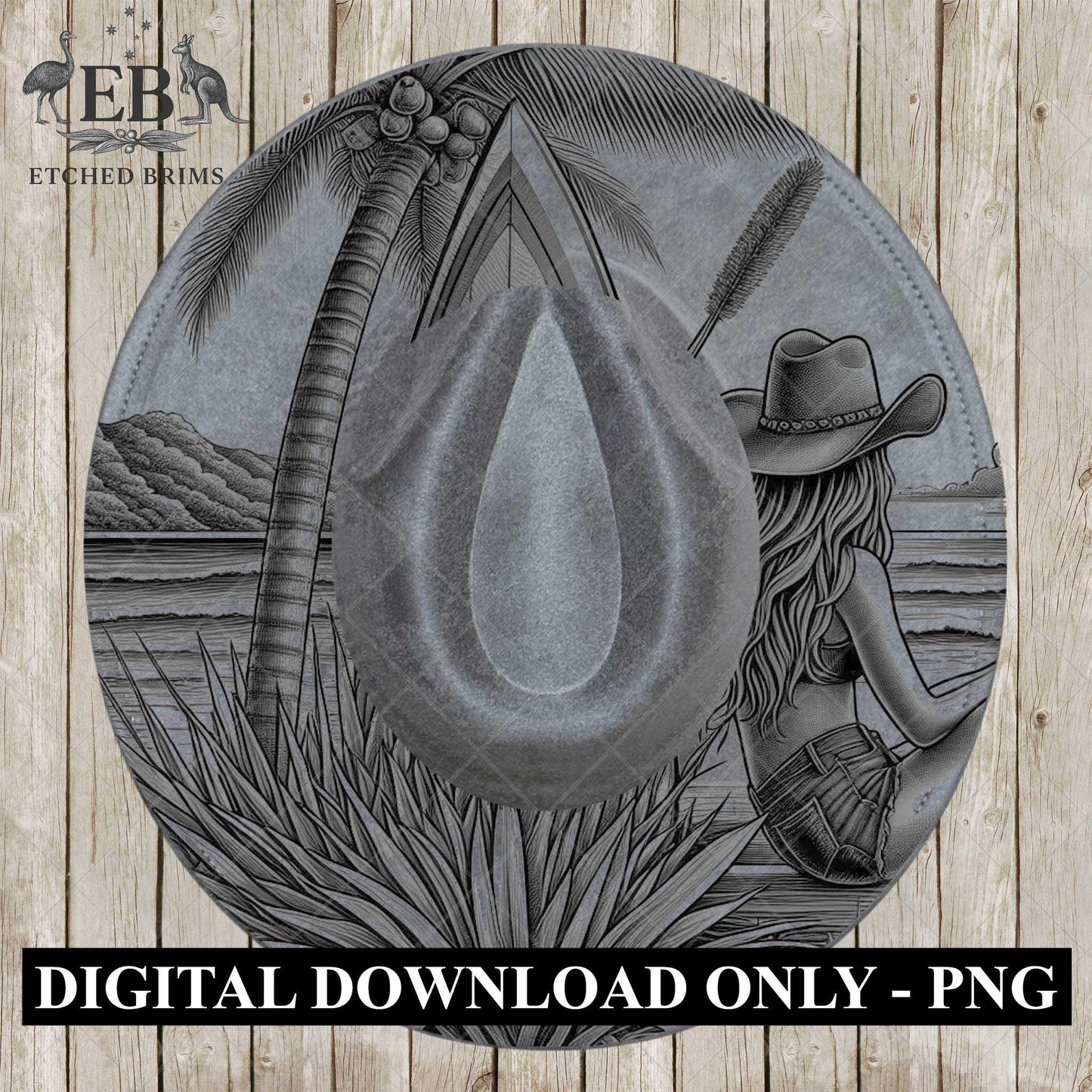 Beach Cowgirl 8, Hat Burning Design, Digital Download PNG, Hand Burning Template, Hat Laser Engraving Design, Wide Brim Hat, EB596