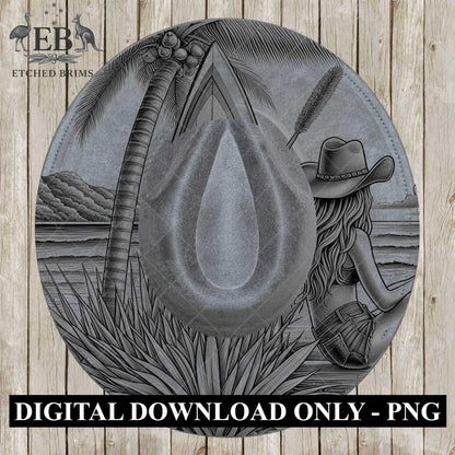 Beach Cowgirl 8, Hat Burning Design, Digital Download PNG, Hand Burning Template, Hat Laser Engraving Design, Wide Brim Hat, EB596
