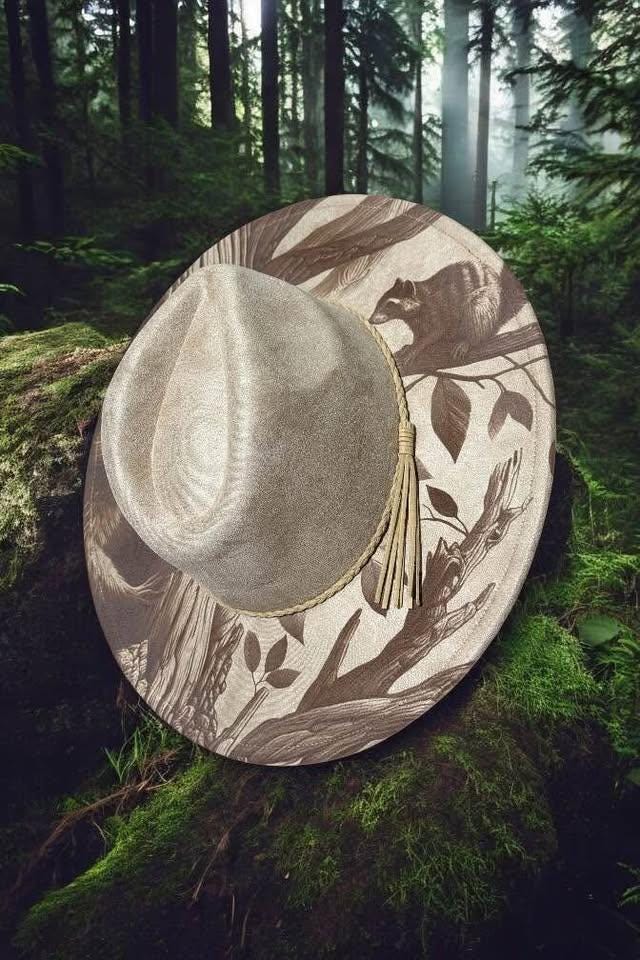 The Forager – Laser Engraved Raccoon Brim Hat, Wide Brim Hat, Vegan Suede Fedora Hat, Laser Engraved, Burned Fedora
