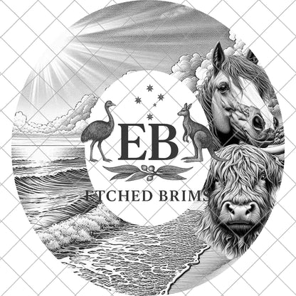 Beach scene with Horse and Highland Cow, Hat Burning Design, Cowgirl Laser Engraving Template for Wide Brim Fedora, EB914
