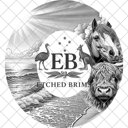 Beach scene with Horse and Highland Cow, Hat Burning Design, Cowgirl Laser Engraving Template for Wide Brim Fedora, EB914
