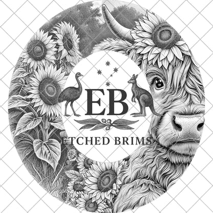 Highland Cow and Sunflowers 7, Hat Burning Design, Digital Download PDF & PDF for Hand Burning, Wide Brim Hat, Printable Hat Template, EB884