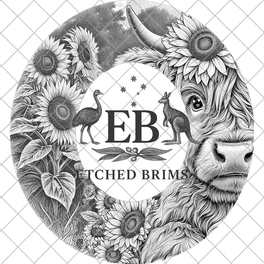 Highland Cow and Sunflowers 7, Hat Burning Design, Digital Download PDF & PDF for Hand Burning, Wide Brim Hat, Printable Hat Template, EB884