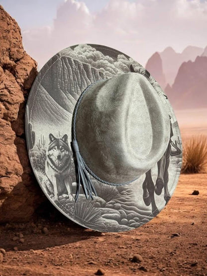 The Desert Spirit – Laser Engraved Horse & Wolf Brim Hat, Wide Brim Hat, Vegan Suede Fedora Hat, Laser Engraved, Burned Fedora
