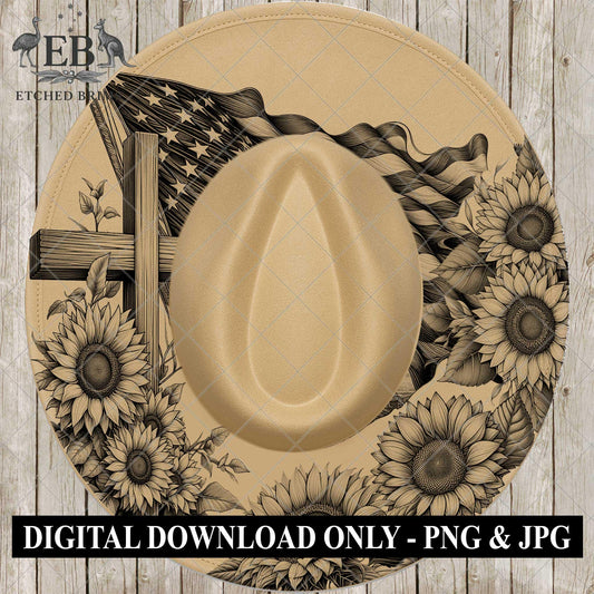 Cross American Flag & Sunflowers Hat Burning Design, Laser Hand Engraving Wide Brim Fedora, PNG PDF, EB889