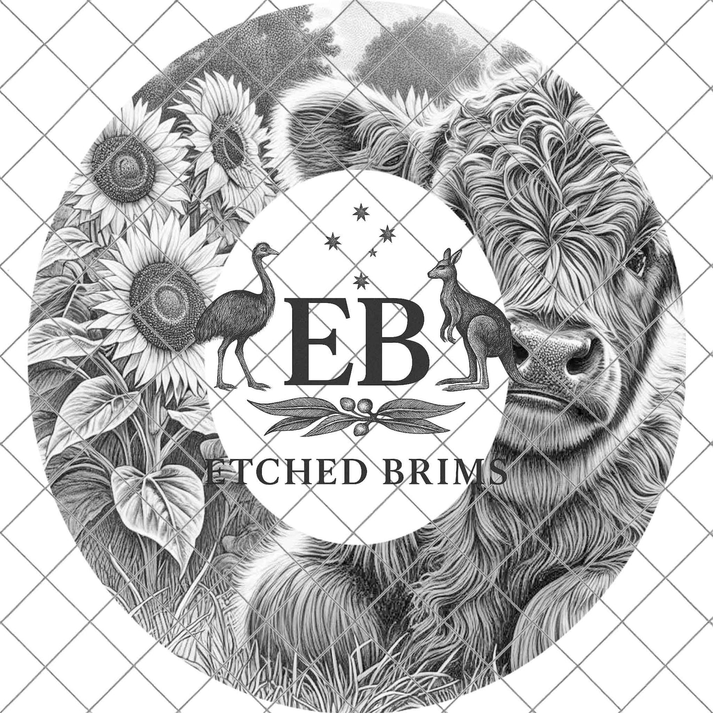 Highland Cow Sunflowers, Wide Brim Hat Template, Burned Hat PNG, Pyrography Hat Design, Hat Burning Design, Laser Hat Design, EB812