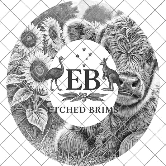 Highland Cow Sunflowers, Wide Brim Hat Template, Burned Hat PNG, Pyrography Hat Design, Hat Burning Design, Laser Hat Design, EB812