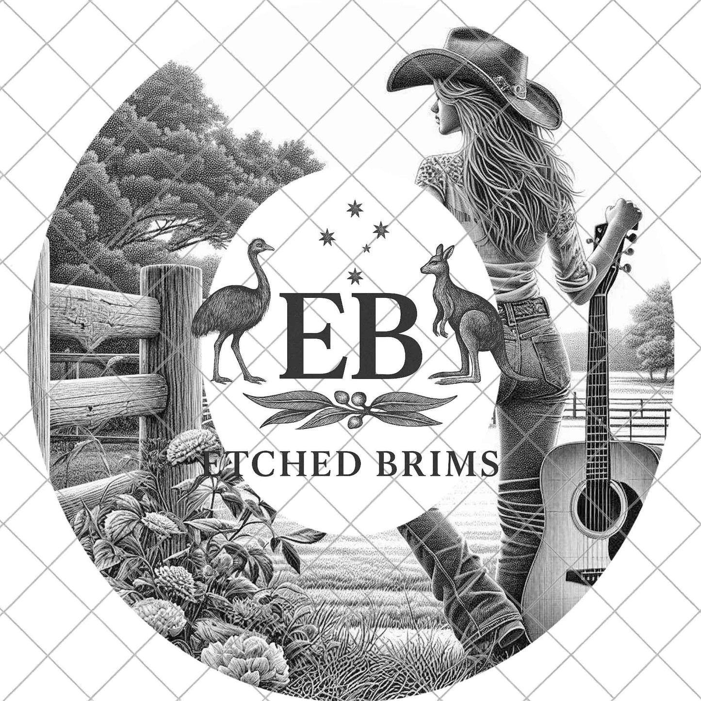 Country Music Cowgirl, Hat Burning Design, Guitar Western Laser Engraving Template, Countryside Wide Brim Febora, EB1064