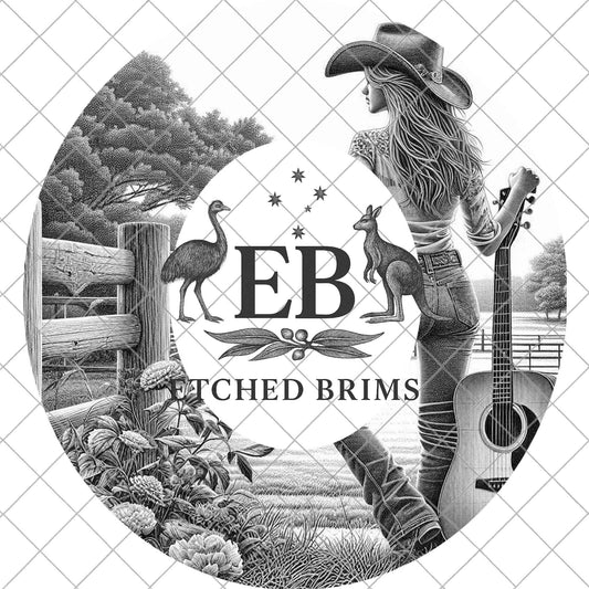 Country Music Cowgirl, Hat Burning Design, Guitar Western Laser Engraving Template, Countryside Wide Brim Febora, EB1064