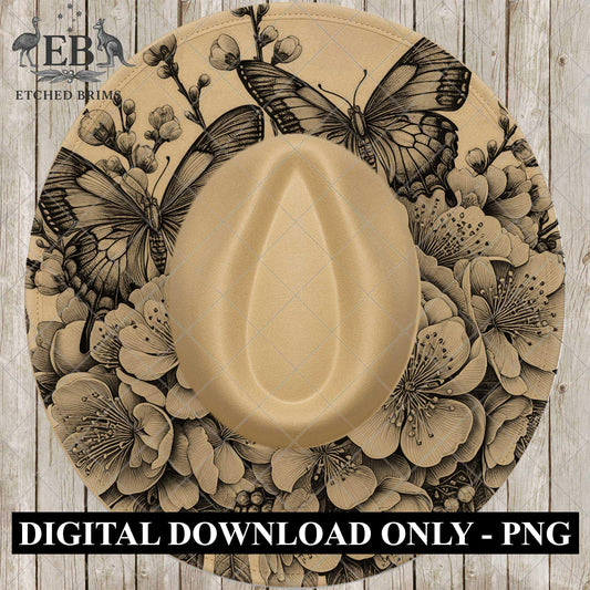 Butterflies Cherry Blossoms, Hat Burning Laser Design, Hat Burning Tracing Stencil For Wide Brim Hats, PNG and PDF Digital Files, EB1024