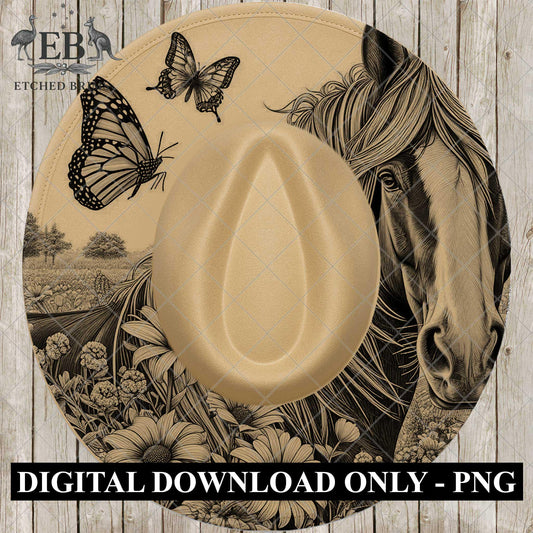 Horse Butterfly and Wildflowrs Hat Burning Design, Country Laser Engraving Template for Wide Brim Fedora, EB977