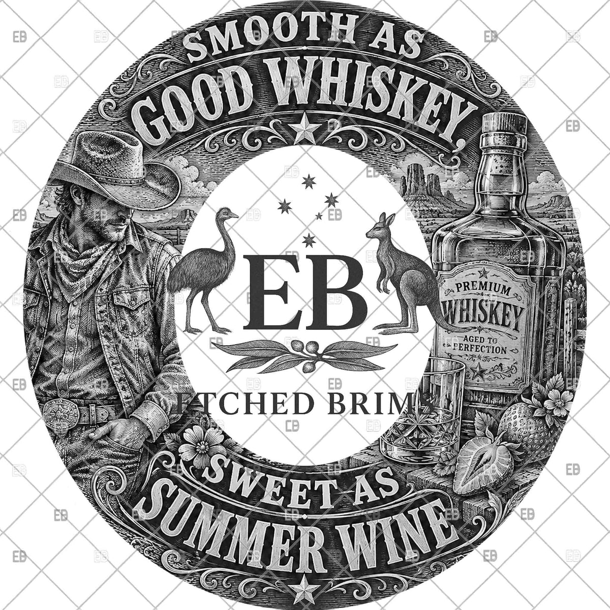 Cowboy Whiskey, Hat Burning Template, Wide Brim Laser Hat Engraving Design, Printable Stencil, EB1372