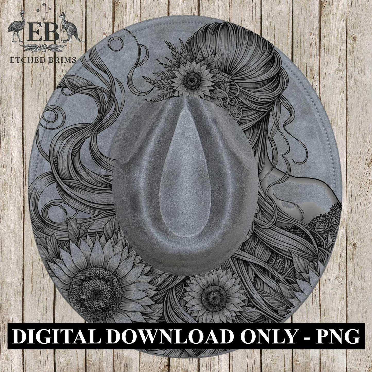 Girl and Sunflowers 3 Hat Burning Design, Digital Download PDF & PDF Hand Burning, Wide Brim Hat, Printable Hat Stencil, EB622