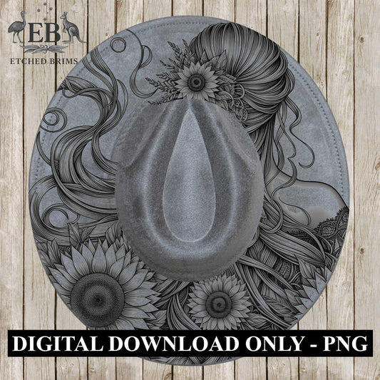 Girl and Sunflowers 3 Hat Burning Design, Digital Download PDF & PDF Hand Burning, Wide Brim Hat, Printable Hat Stencil, EB622