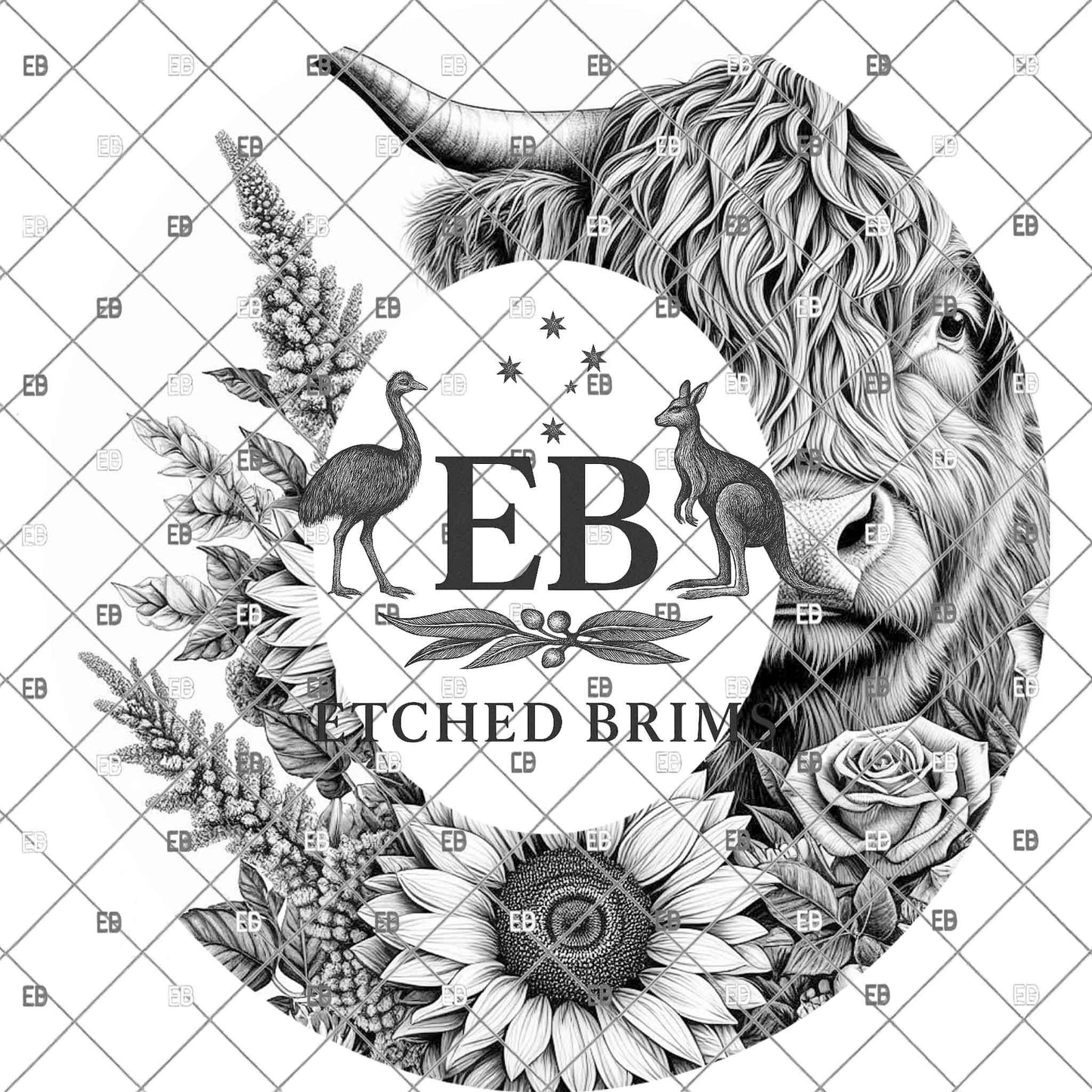Highland Cow Roses & Sunflowers, Laser Hat Design, (PNG, PDF), Hat Engraving, Wide Brim Cowboy Hat, EB1136