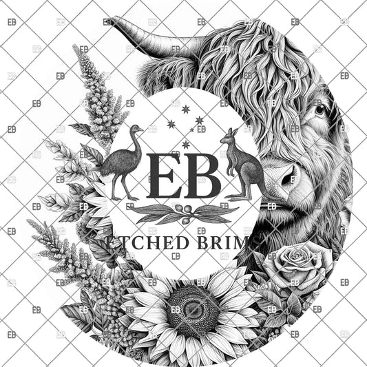 Highland Cow Roses & Sunflowers, Laser Hat Design, (PNG, PDF), Hat Engraving, Wide Brim Cowboy Hat, EB1136