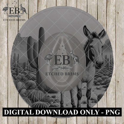 Desert Mule Hat Engraving, Western Fedora Brim with Desert Mountains & Cactus Scene, EB1193