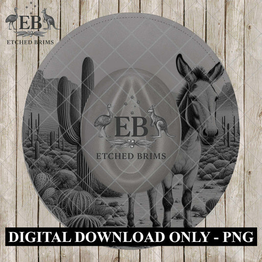 Desert Mule Hat Engraving, Western Fedora Brim with Desert Mountains & Cactus Scene, EB1193