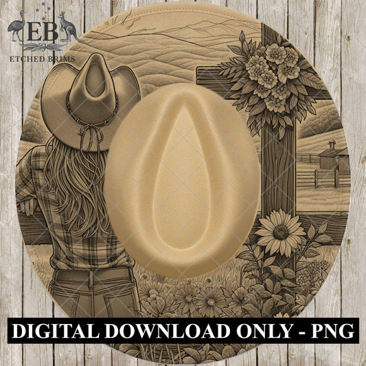 Cowgirl Cross Hat Burning Design, Laser Engraving Template for Wide Brim Fedora Hats, EB707