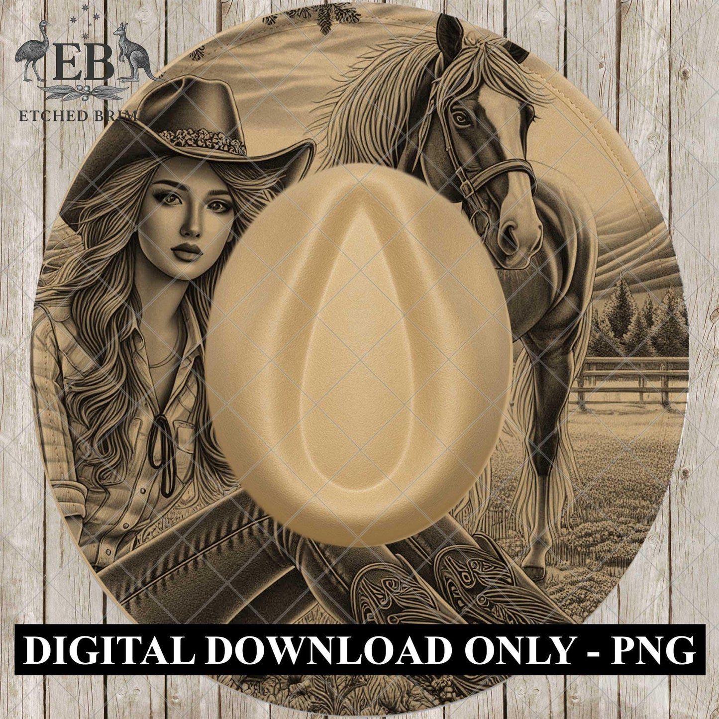 Cowgirl and Horse Hat Burning Design, Digital Download PNG, PDF, Western Ranch, Laser Engraving Design, Printable Stencil, EB941