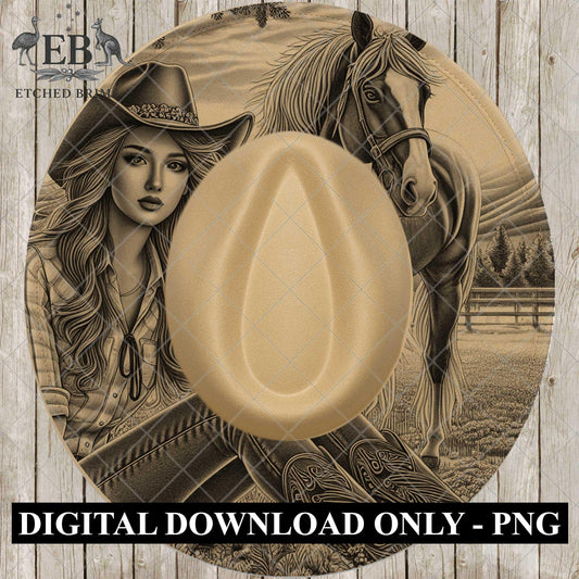 Cowgirl and Horse Hat Burning Design, Digital Download PNG, PDF, Western Ranch, Laser Engraving Design, Printable Stencil, EB941