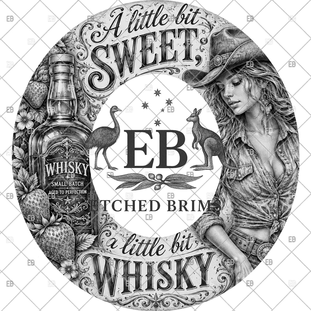 Whiskey Cowgirl, Hat Burning Template, Wide Brim Laser Hat Engraving Design, Printable Stencil, EB1371