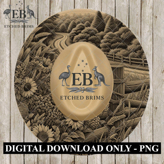 Country Road and Wildflowers, Hat Burning Design, Digital Download PNG, Wide Brim FedoraTemplate, Laser Engraving Design, EB1103