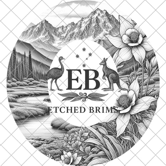 Columbine Flowers & Mountain River,  Hat Engraving, Digital Download PNG, Hat Burning Design, Laser Engraving Template, Wide Brim, EB1084