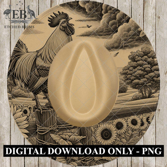 Crowing Farm Rooster & Sunflowers, Hat Burning Design, Wide Brim Hat Design, Digital Download PNG, PDF, Hat Burning Template, EB874
