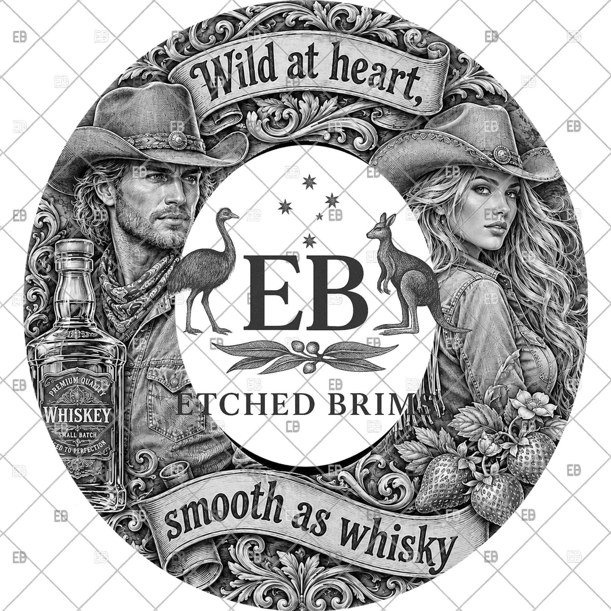 Whiskey Cowgirl and Cowboy, Hat Burning File, Wide Brim Laser Hat Engraving Design, Printable Stencil, EB1374