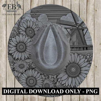 Windmill & Wildflowers Design 1, Laser Hat Burning Design, Digital Download PNG, Hat Burning Template, Wide Brim Hat File, EB371