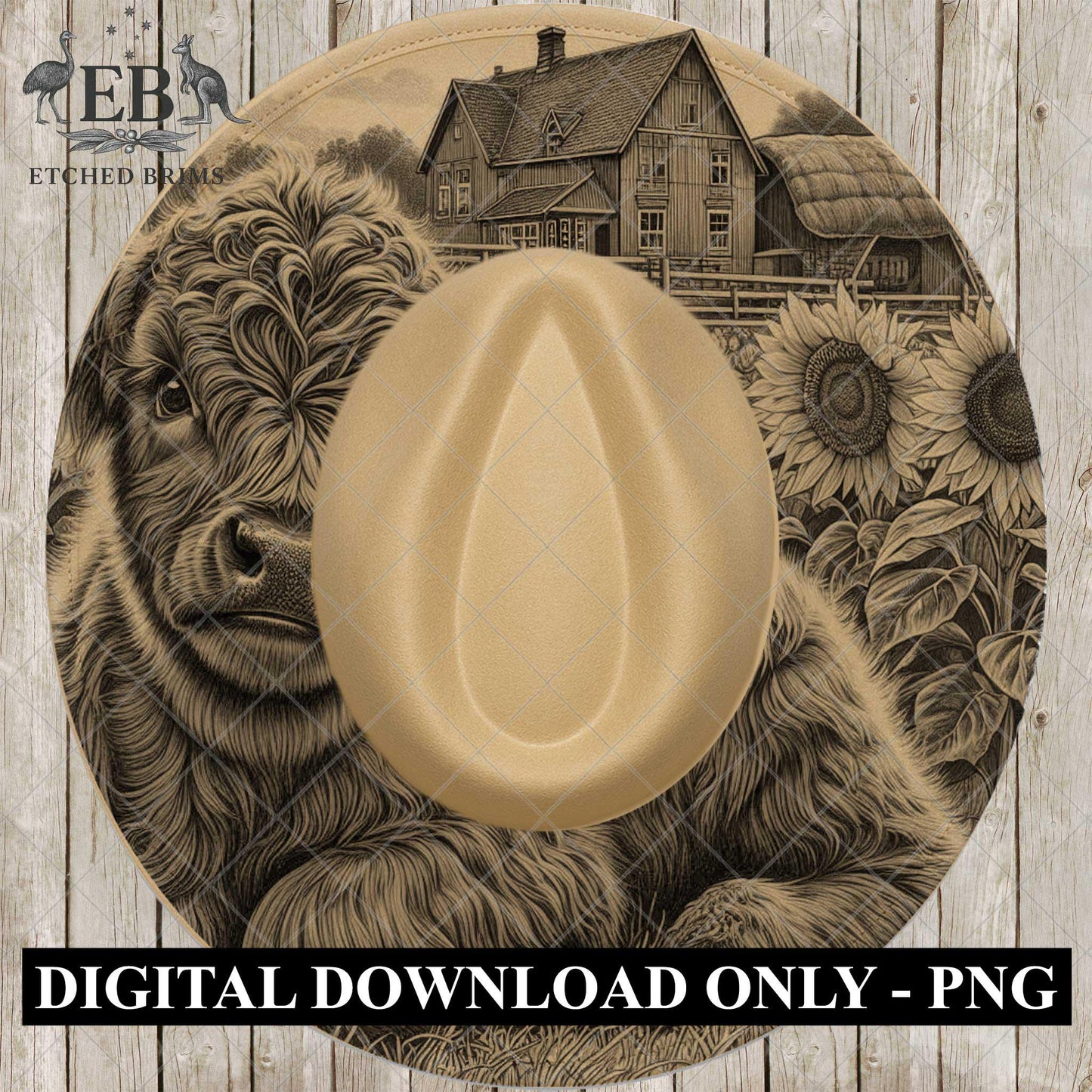 Highland Cow Sunflowers Farmhouse, Wide Brim Hat Template, Burned Hat PNG, Pyrography Design, Hat Burning Design, Laser Hat Design, EB811