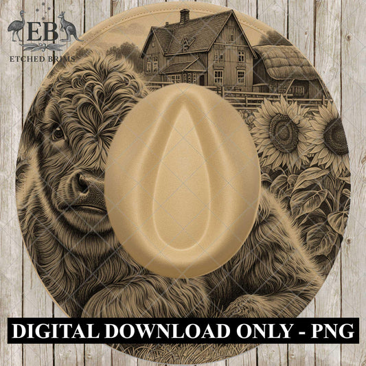 Highland Cow Sunflowers Farmhouse, Wide Brim Hat Template, Burned Hat PNG, Pyrography Design, Hat Burning Design, Laser Hat Design, EB811