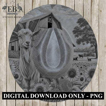 Goat and Sunflowers 4, Hat Burning Template, Hat Burning Stencil, Hat Laser Engraving Design, Wide Brim Hat, Printable Hat Template, EB559