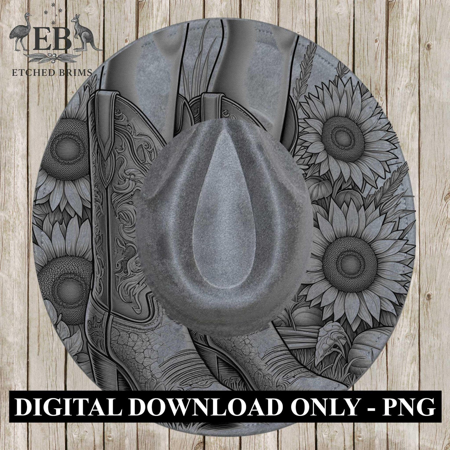 Cowgirl Boots & Sunflowers 7 Hat Burning Design, Western Brim PNG PDF Template, Digital Laser Design, Wide Brim Faux Suede Hat, EB631